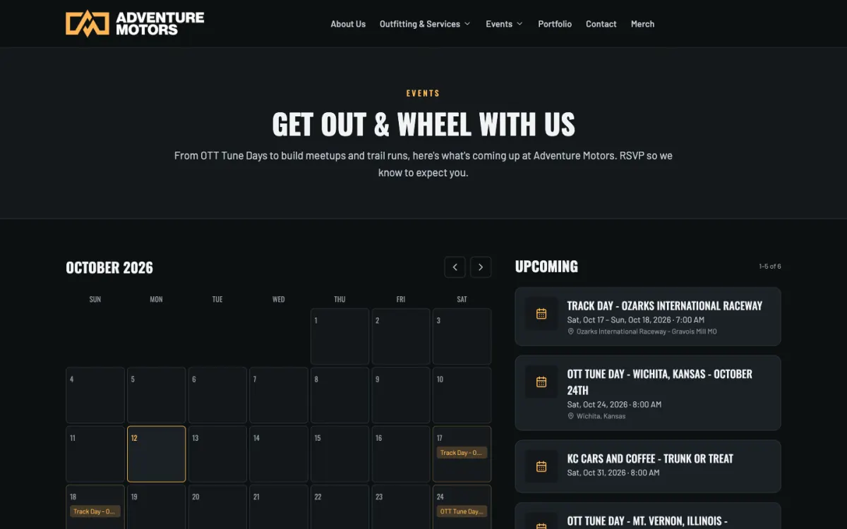 Adventure Motors events calendar listing upcoming OTT Tune Days and shop events