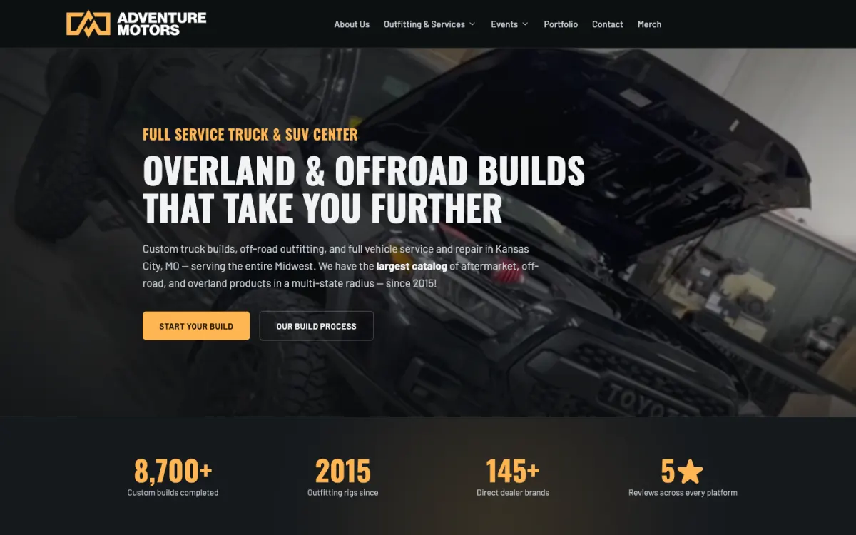 Adventure Motors homepage showing a built overland truck and a call to start a build
