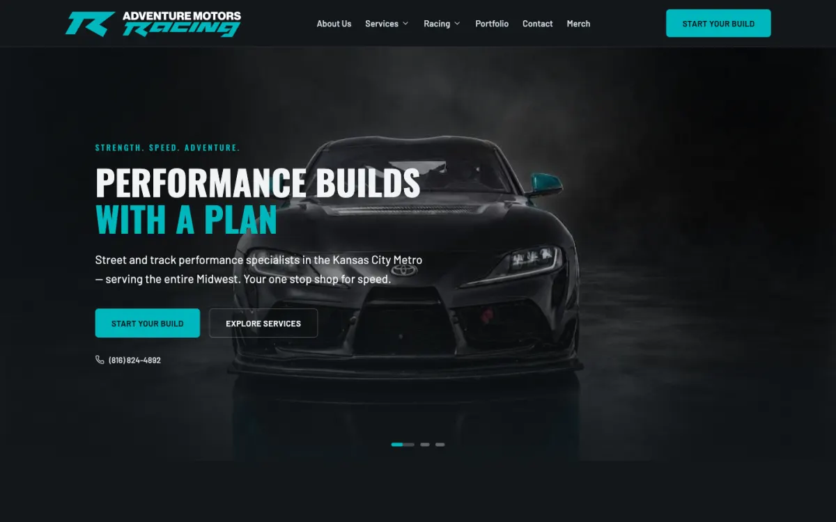 Adventure Motors Racing homepage focused on street and track performance upgrades