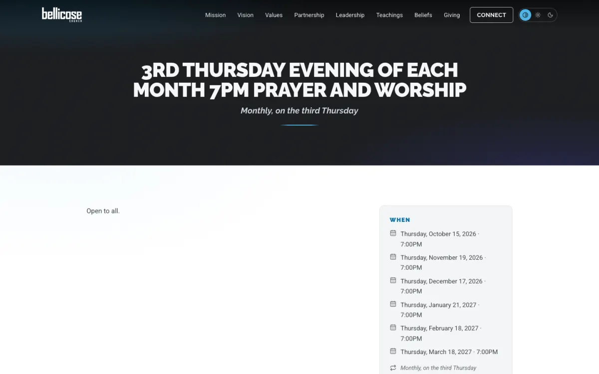 A Bellicose Church recurring event page for third-Thursday prayer and worship, listing upcoming dates