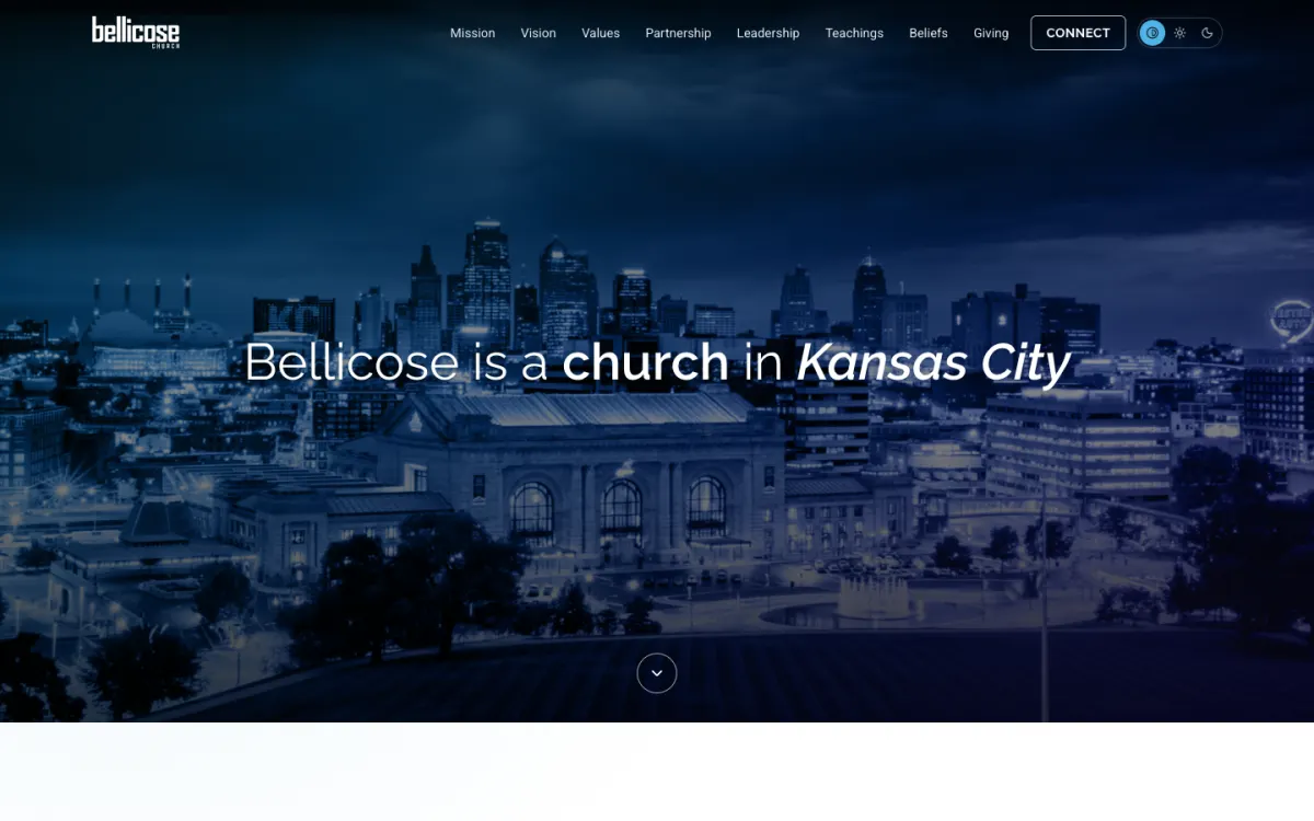 The new Bellicose Church homepage over a night view of the Kansas City skyline