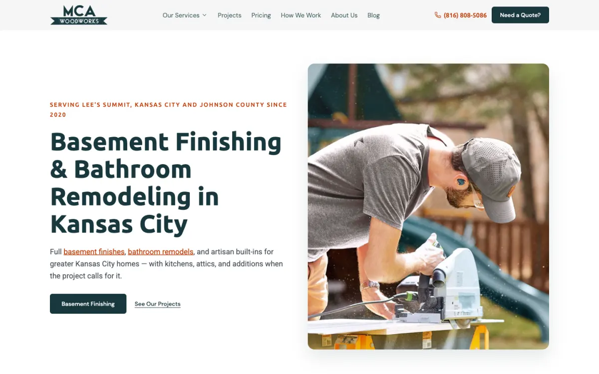 MCA WoodWorks homepage featuring a finished basement remodel in the Kansas City area