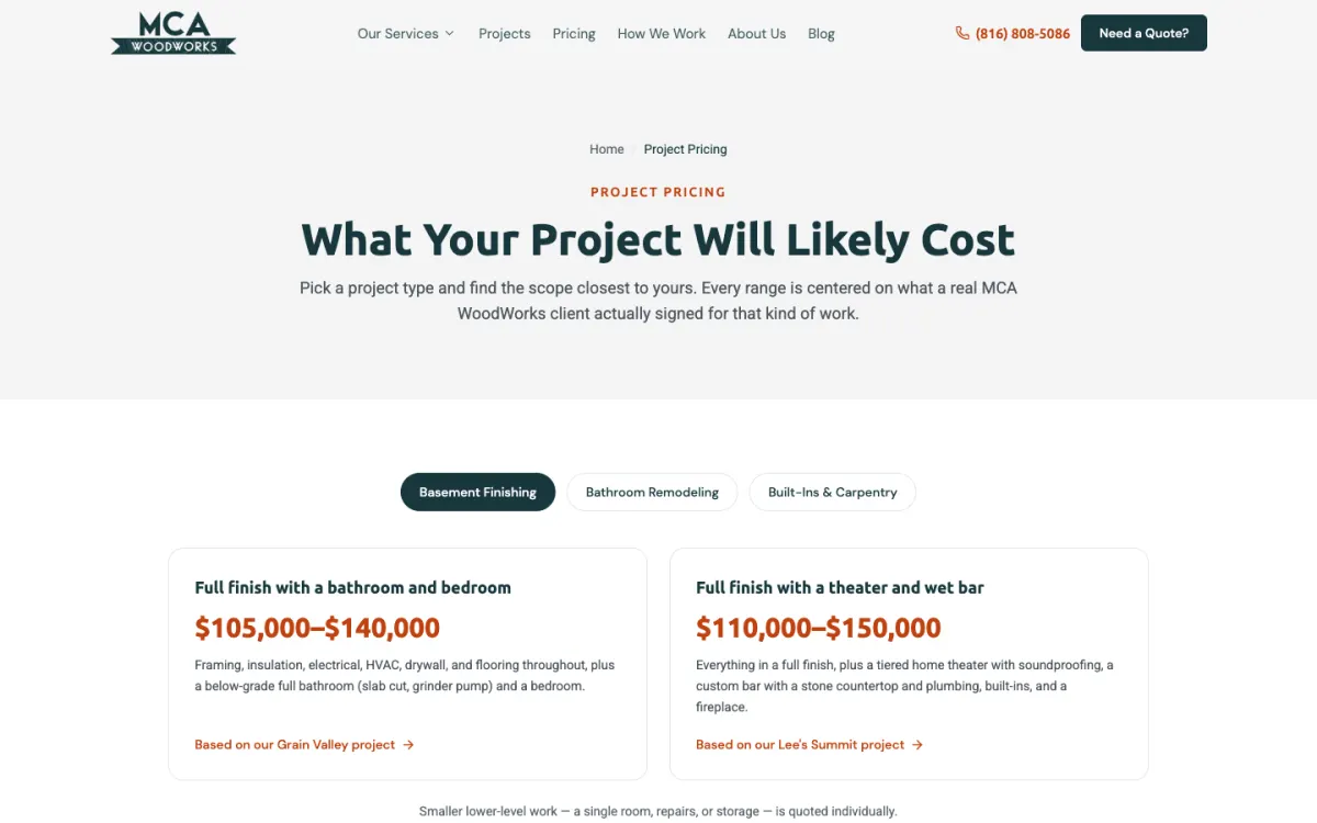 MCA WoodWorks project pricing page showing cost ranges for basements, bathrooms and built-ins