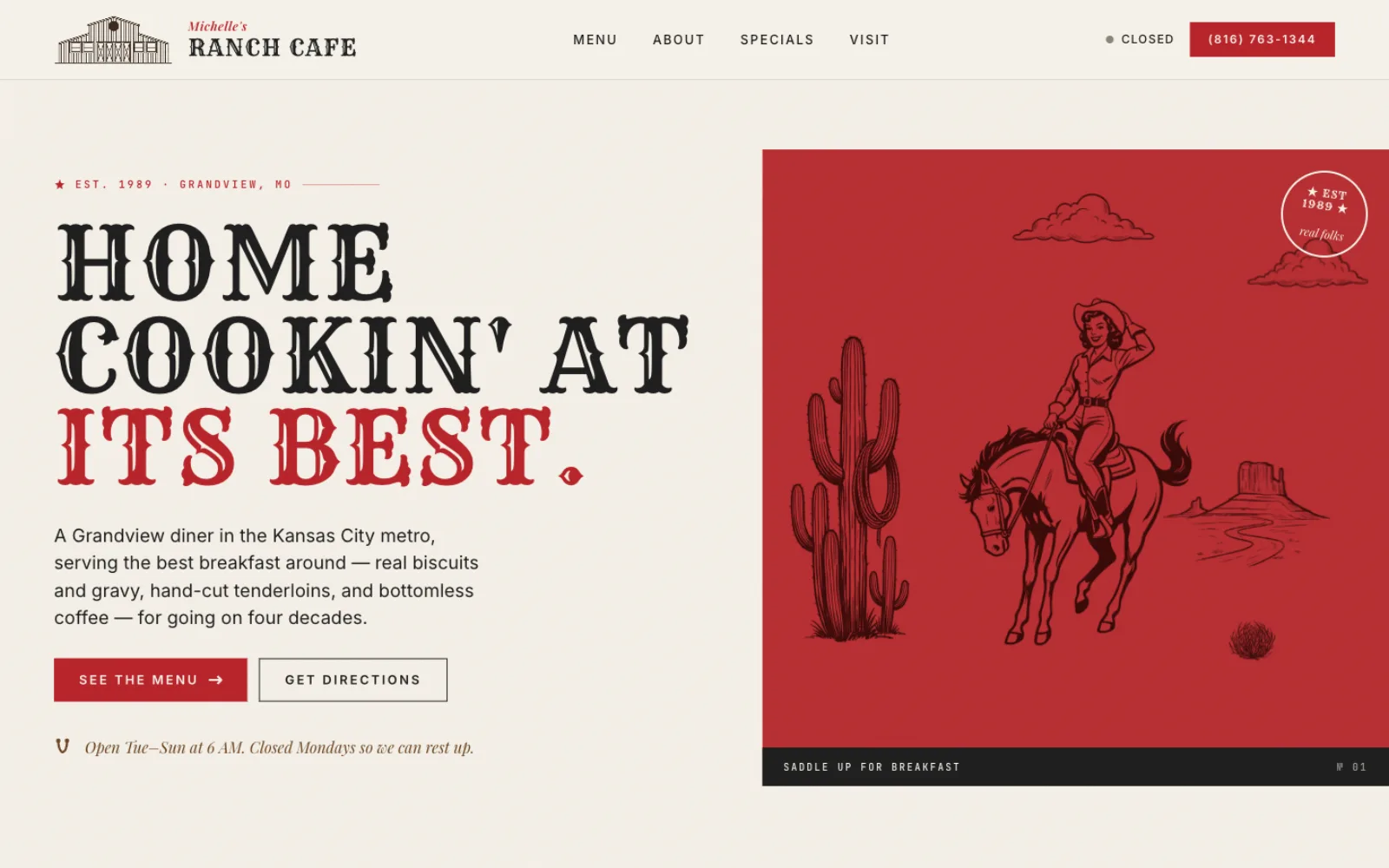 Michelle’s Ranch Cafe homepage with a custom western illustration and the cafe menu