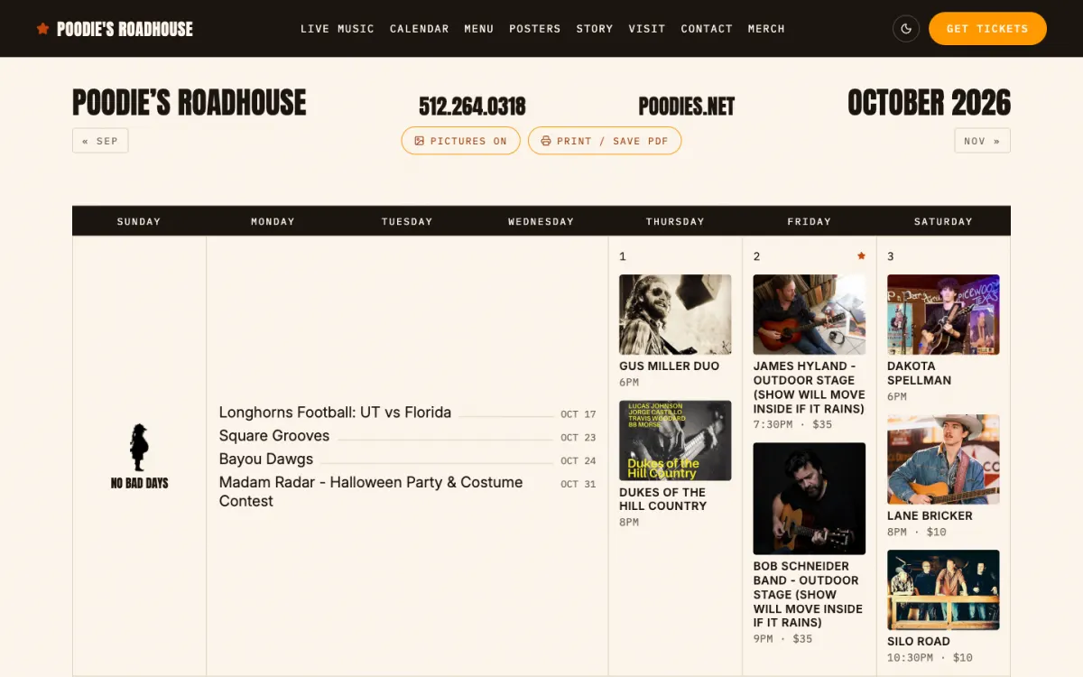 The October 2026 live music calendar at Poodie's Hilltop Roadhouse, with artist photos on each show