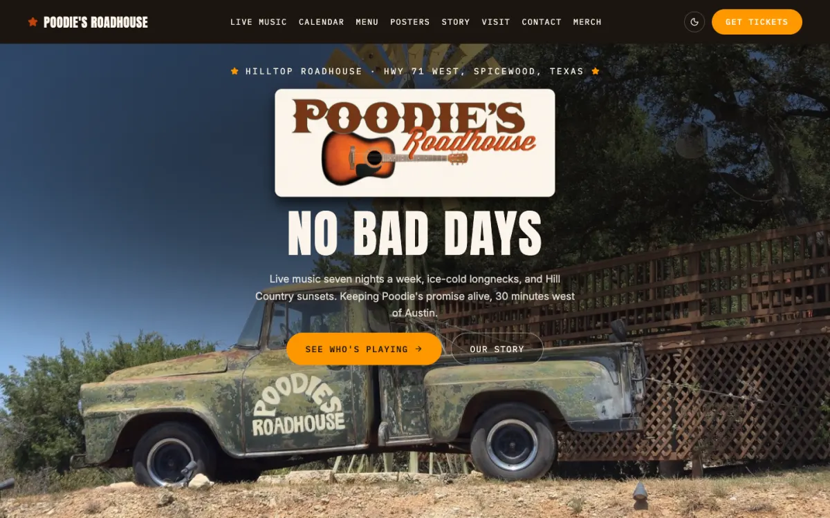 The new Poodie's Hilltop Roadhouse homepage with upcoming live music in Spicewood, Texas