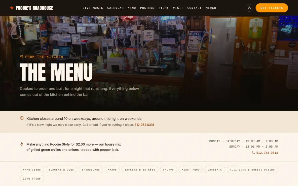The new Poodie's Roadhouse menu page with kitchen hours and menu categories as readable text