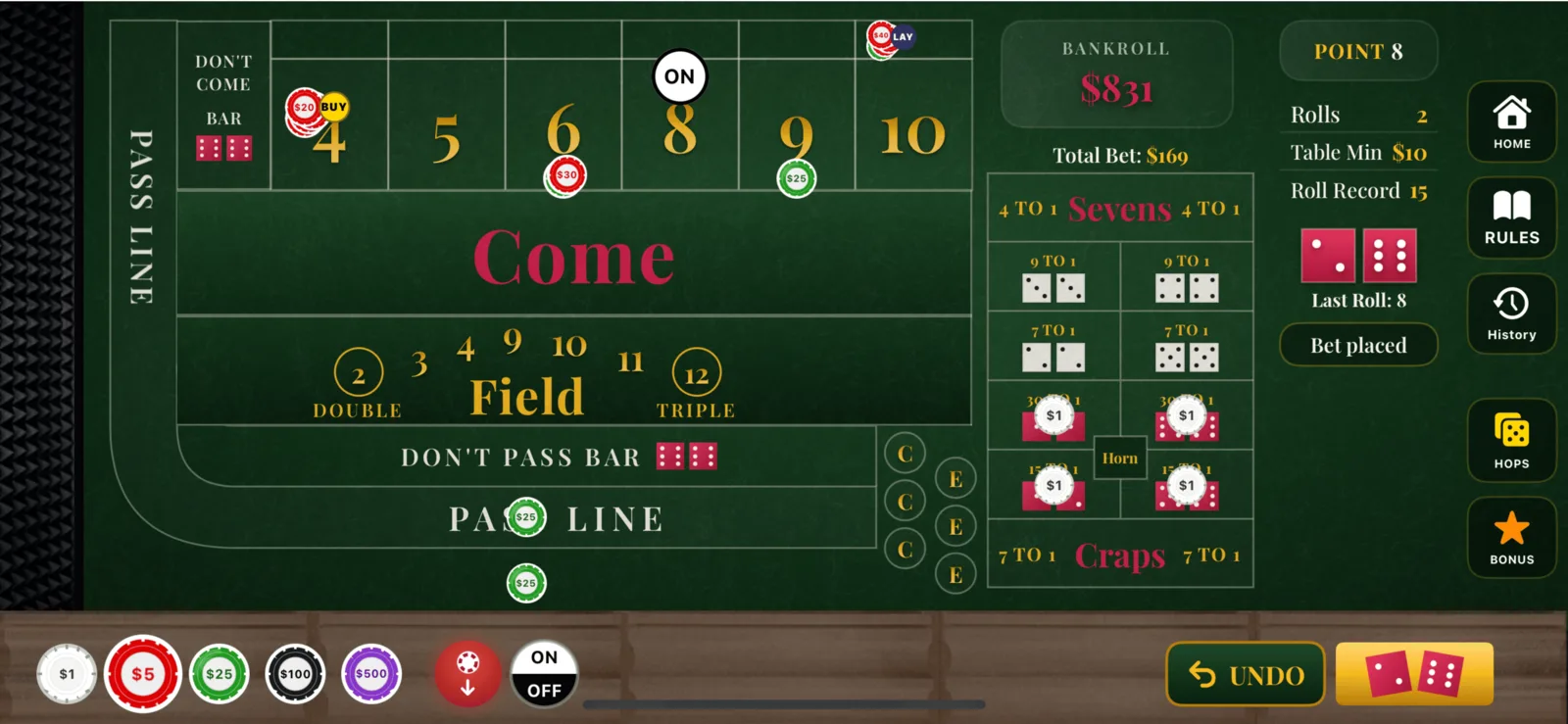 The Press It! Craps table on a phone, with chips on the pass line and 3D dice mid-roll
