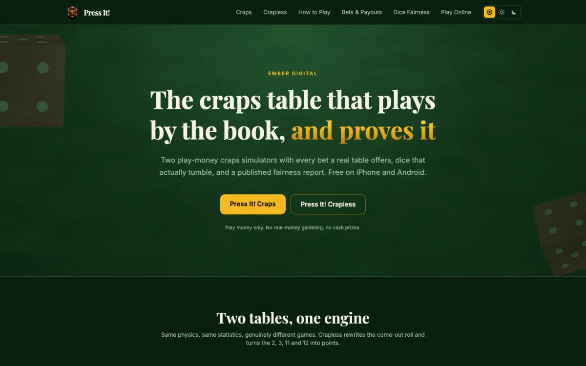 The pressitcraps.com homepage with links to download both craps apps