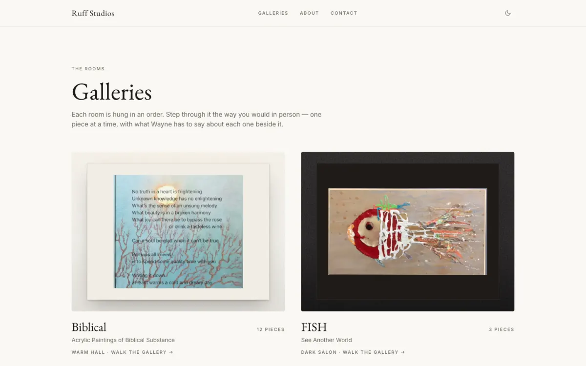 The Ruff Studios galleries page listing the Biblical and FISH rooms with their piece counts