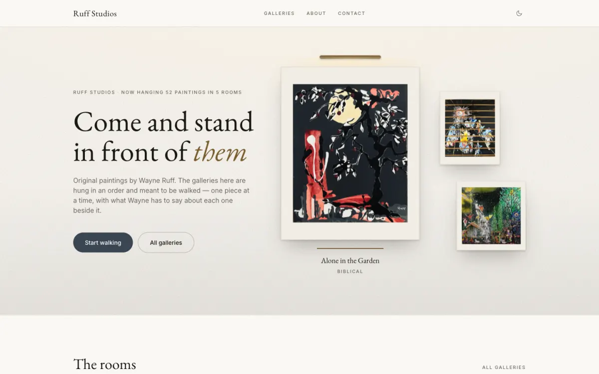 The Ruff Studios homepage showing original acrylic paintings by Wayne Ruff
