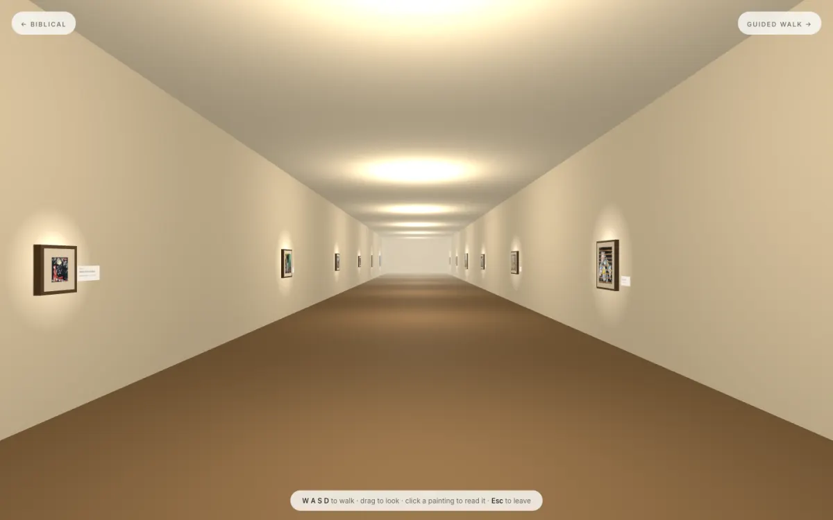 A walkable 3D gallery hall with Wayne Ruff's paintings hung on alternating walls